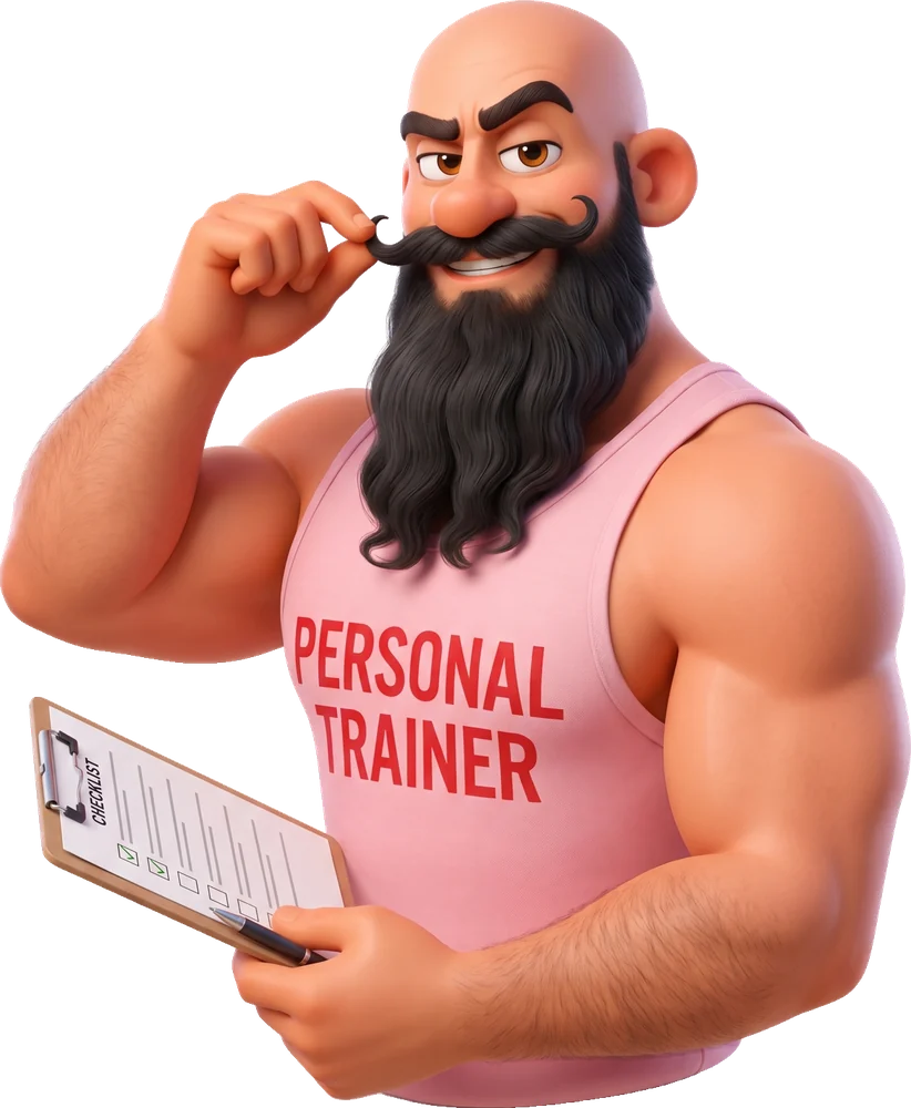 Timur twirls his moustache, holding a clipboard with a checklist