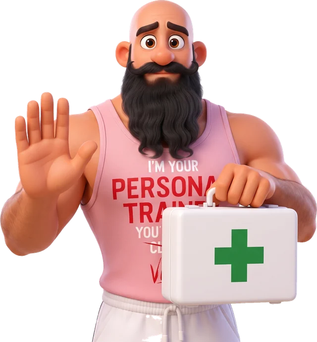 Timur shows a calm stop gesture, holding a first-aid kit