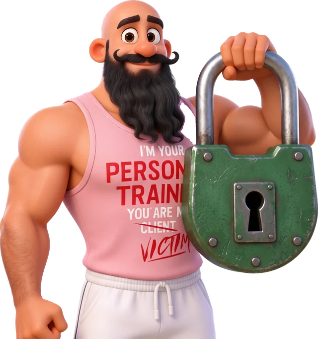 Timur holds a big green padlock like a kettlebell