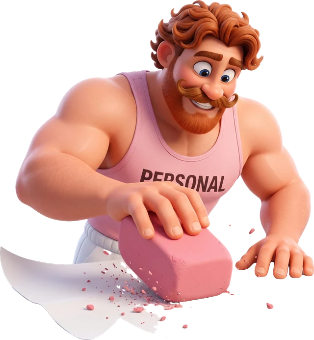 Nika rubs out a sheet of paper with a giant eraser