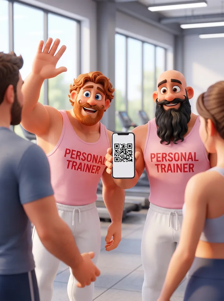 Nika waves to new clients while Timur shows a QR code on his phone