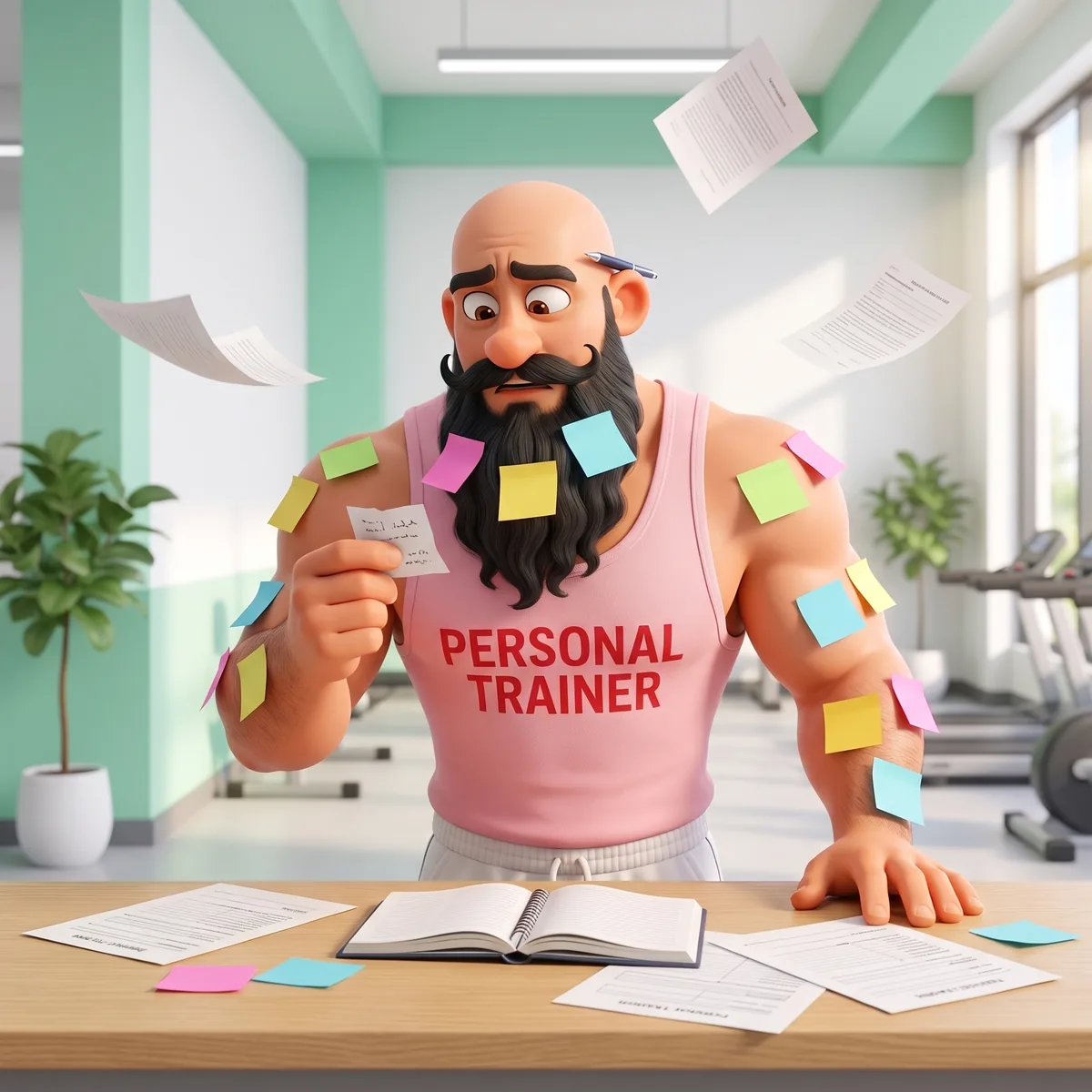 Timur at the gym desk, buried in sticky notes and loose paper