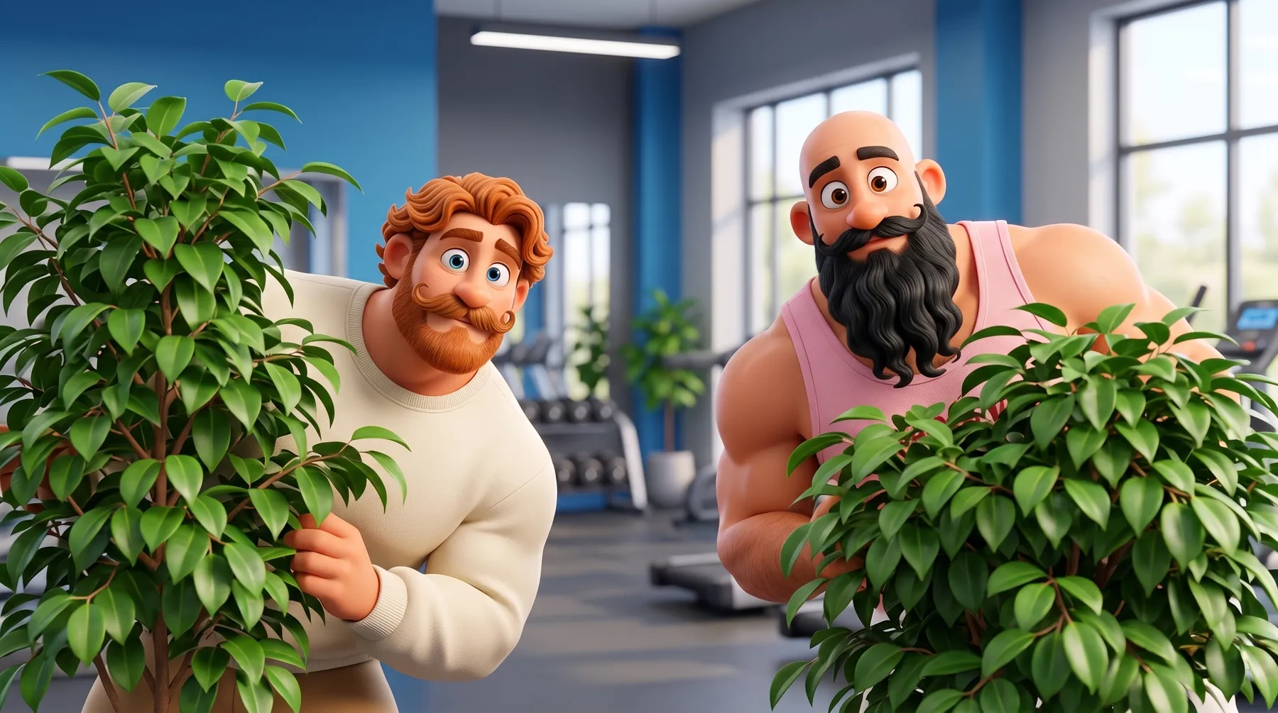 Nika and Timur peek out from behind potted plants in the gym